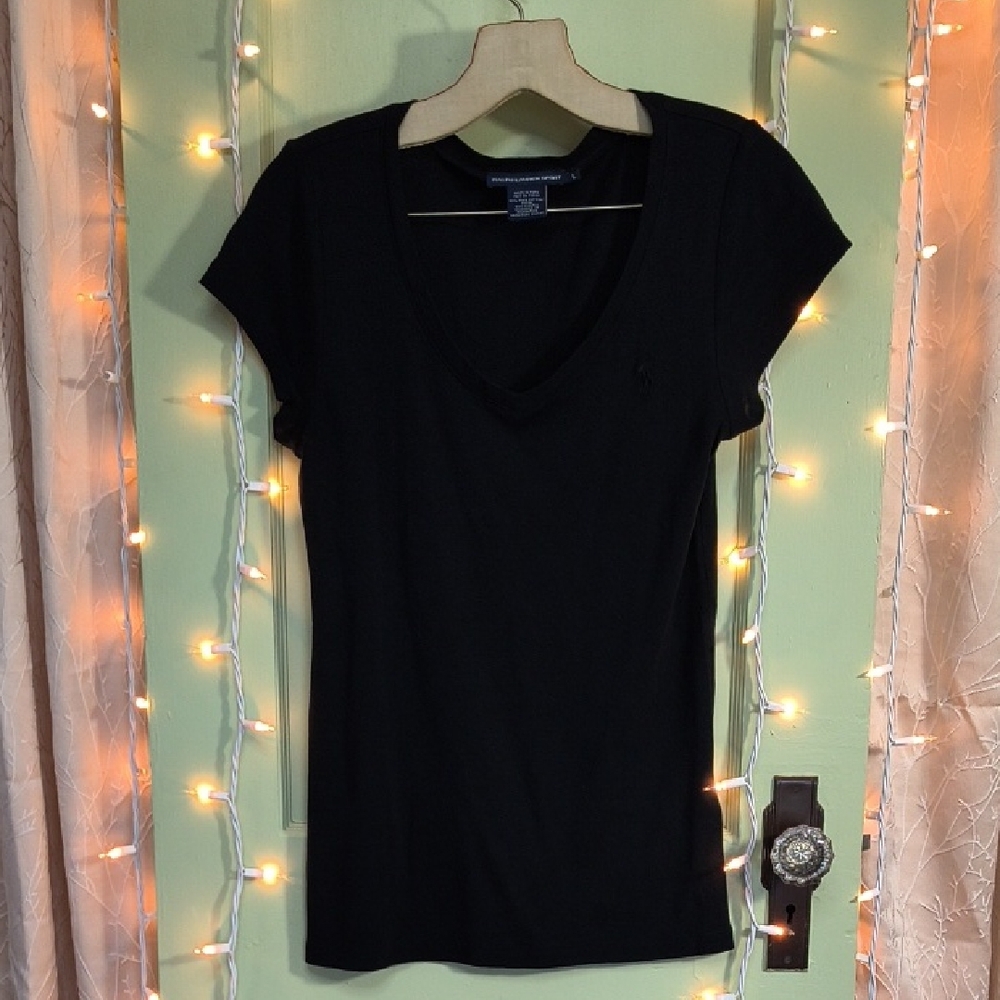 Women's Ralph Lauren Sport Black Fitted Pima Cotton Capsleeve T-shirt 👕 L